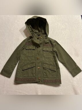 Me Jane Mini Army Green Toddler Utility Jacket 2T with Hood w Snap Closure